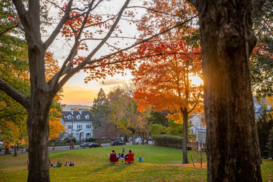 Students sitting on Tuft's Quad enjoying the golden sunset and surrounded by trees during fall
