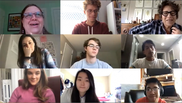 images of nine people on an online meeting