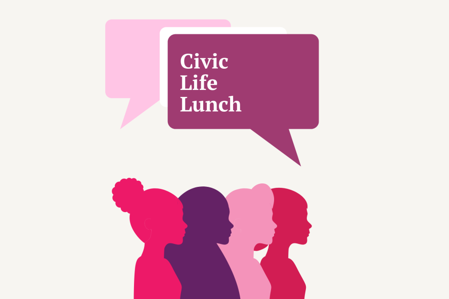 Illustration of fur women's profiles in different colors with speech bubbles above reading "Civic Life Lunch."
