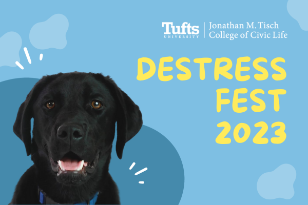 Blue graphic showing photo of black lab dog with yellow text that says "Destress Fest 2023."