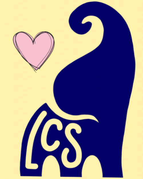 LCS logo depicts a dark blue elephant with a pink heart on a yellow background