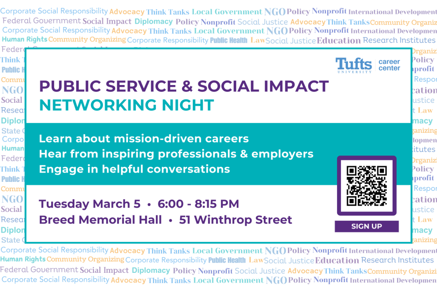 Flyer for Public Service and Social Impact Networking night with a QR code and logistical information typed out. 