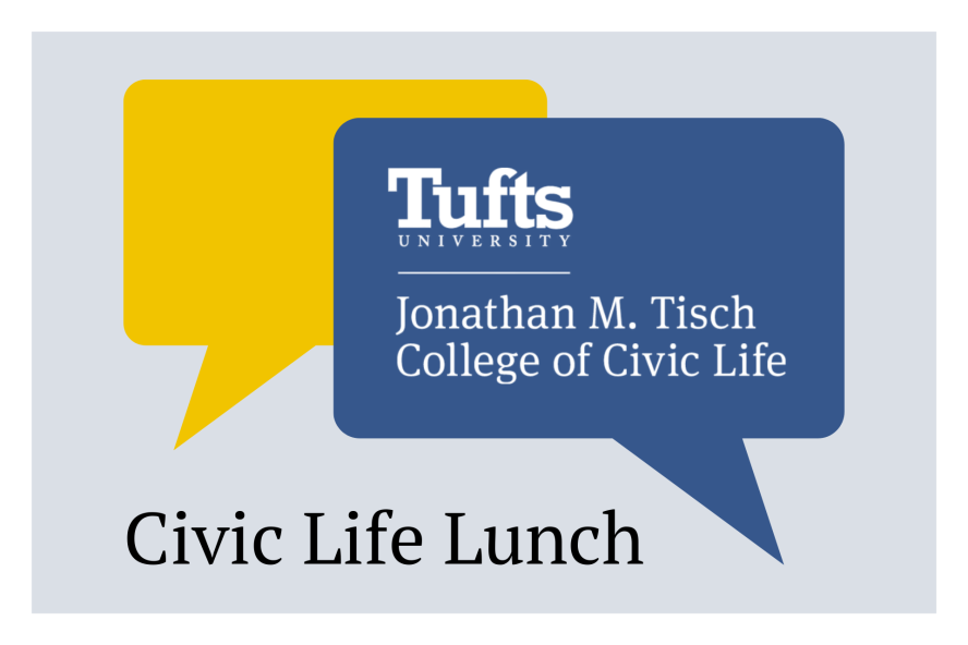 Graphic showing two overlapping speech bubbles with the Tisch College logo and text reading Civic Life Lunch.
