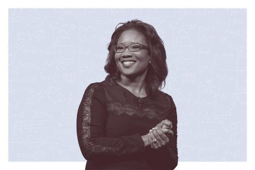 Black and white image of Dr. Talithia Williams against a blue background