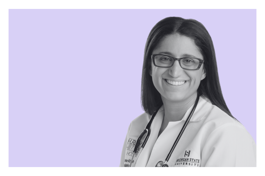 Dr. Mona Hanna-Attisha smiling against a purple background. 
