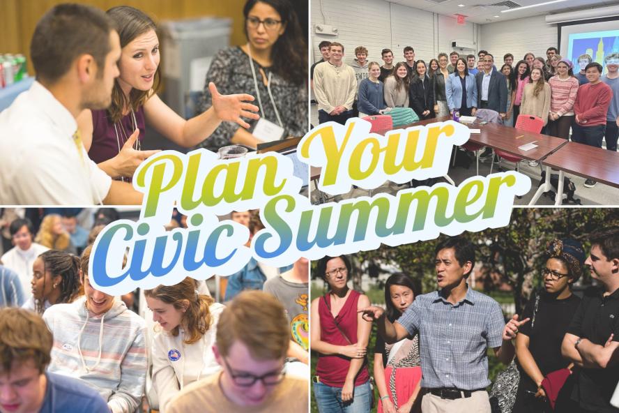 Four smaller photos side by side with "plan your civic summer" text written across them.
