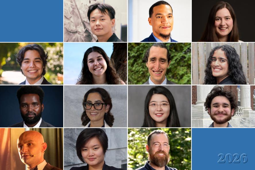 Grid image of 14 individual photos of men and women smiling. 