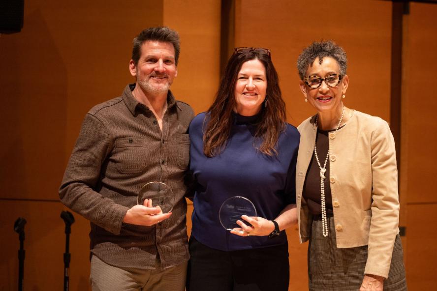 Lauren Sullivan and Adam Gardner pose with Dean Dayna Cunningham at the Lyon & Bendheim Citizenship Award Ceremony