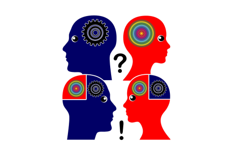 An illustration that depicts the joining of people’s brains focused on reason, and those focused on emotion.
