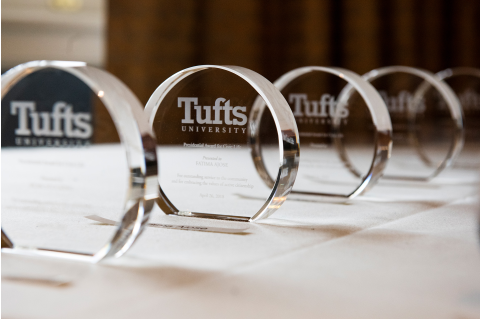 Tufts Transparent Awards lined up on a table