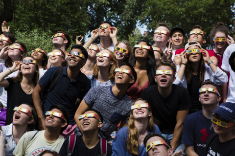 students viewing the partial solar eclipse on August 21, 2017 with protective eyewear