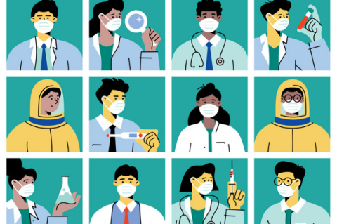 Illustration with grid of nine healthcare workers