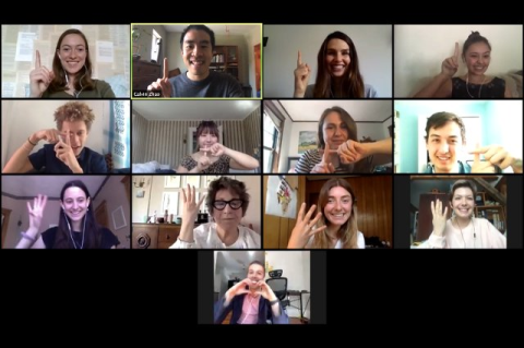 13 people involved in the Bridge Year program in an online meeting