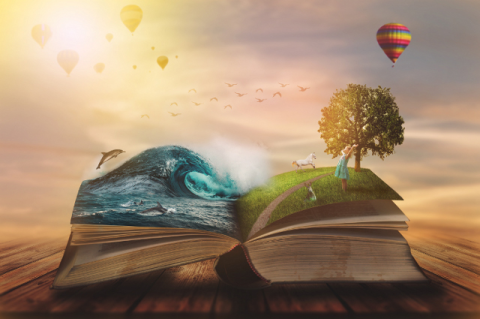 graphic of an open book with dolphins, a horse, and a child coming out of the pages with hot air baloons in the background