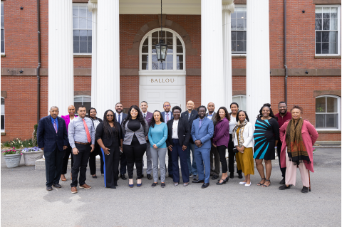 Black Lawmakers Roundtable group photo outside of Ballou Hall on Tufts Campus