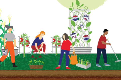 An illustration of four people gardening amid a tree and vines with "vote" buttons