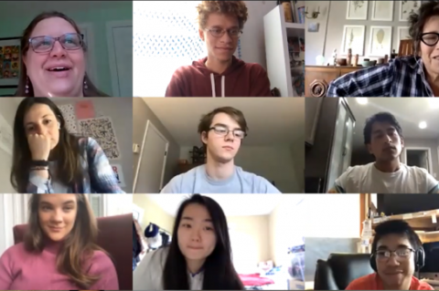 images of nine people on an online meeting