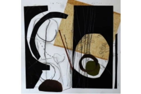 modern collage print by artist Nanc Marks featuring interlocking shapes in beige and black