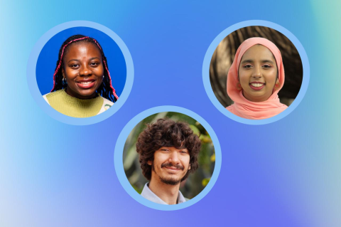 Collage of three photo headshots against a blue background. Three of 18 Luce Scholars nationally this year are from Tufts University, and two Tufts students receive Barry Goldwater Scholarships
