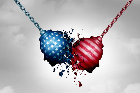 Illustration of two wrecking balls, in the shape of red and blue heads, on chains hitting each other and breaking apart. 