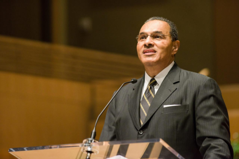 Freeman A. Hrabowski III speaking at a podium. He will deliver the Tufts commencement address to the Class of 2025 in May